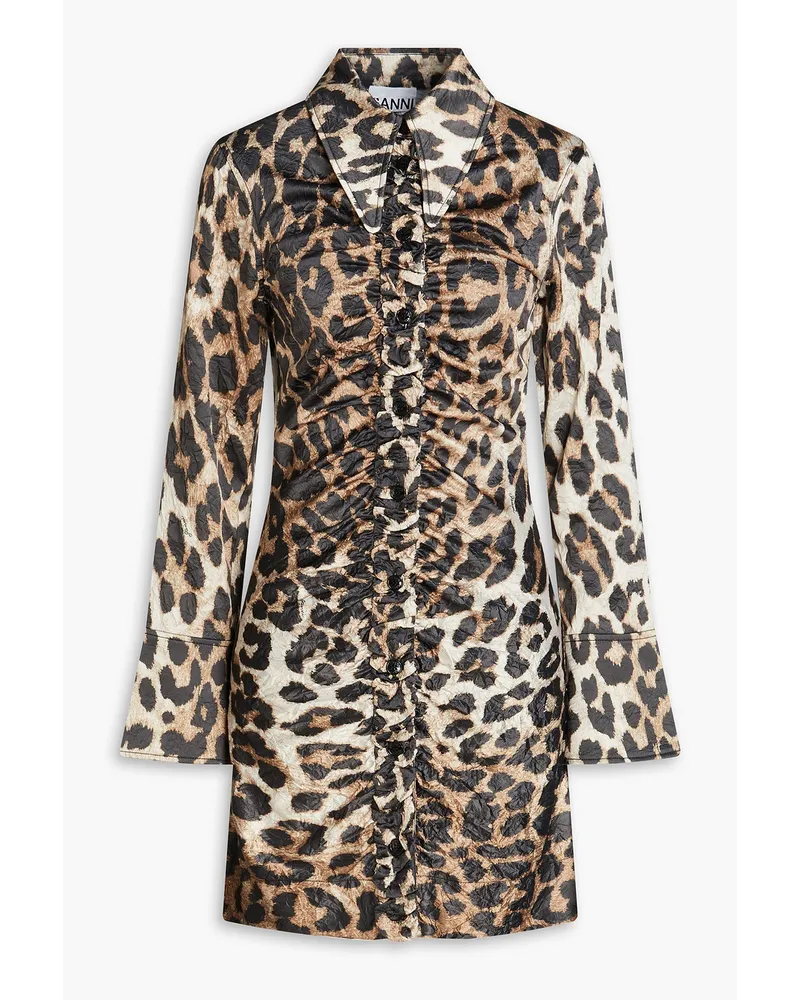 Ganni Hemdkleid inMinilänge aus Satin mit Leopardenprint und Raffungen Animal-print