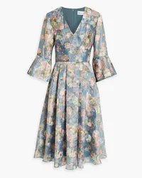 Mikael Aghal Plissiertes Kleid aus floralem Jacquard mit Fil Coupé Blau