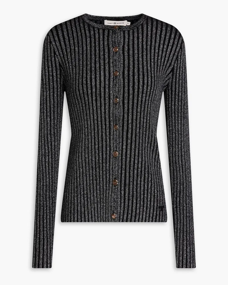 Tory Burch Cardigan aus Rippstrick inMetallic-Optik Schwarz