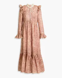 Zimmermann Midikleid aus Leinen mit Paisley-Print, Zierknöpfen und Rüschen Pink