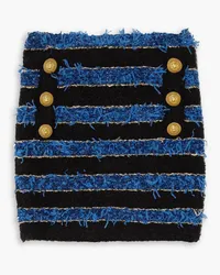 Balmain Minirock aus gestreiftem Metallic-Bouclé mit Zierknöpfen Blau