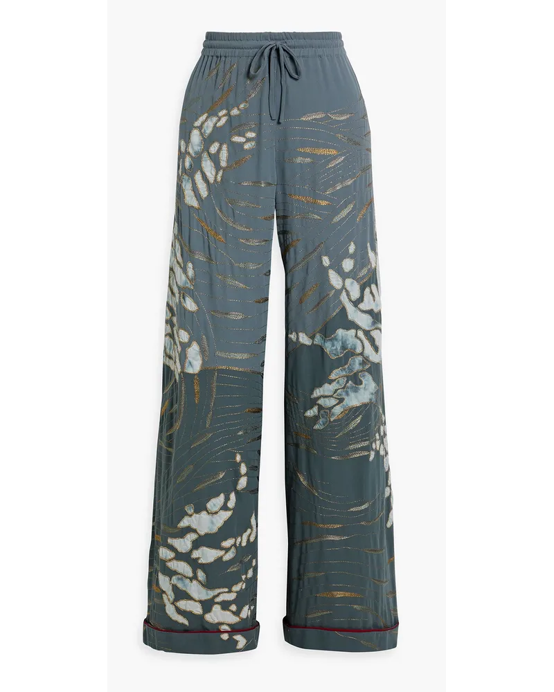 Valentino Garavani Cotton-voile paneled embroidered silk crepe de chine wide-leg pants Blau