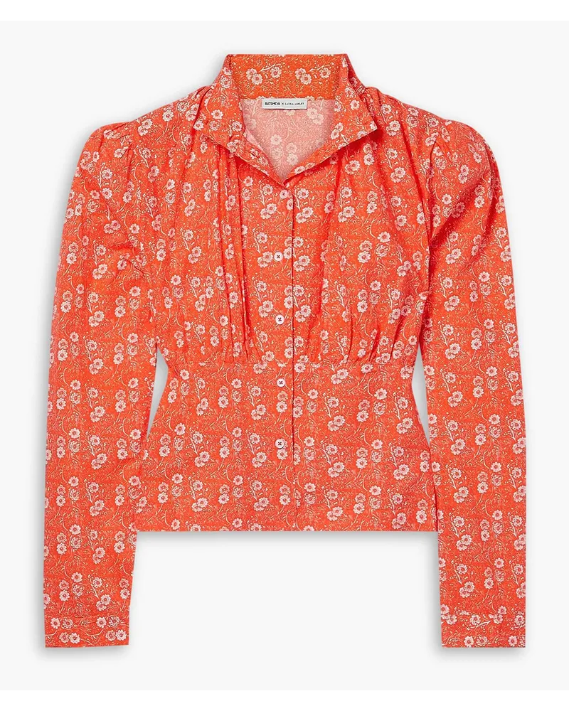 BATSHEVA Laura Ashley Thistle Bluse aus Baumwollpopeline mit Blumenprint und Raffungen Orange