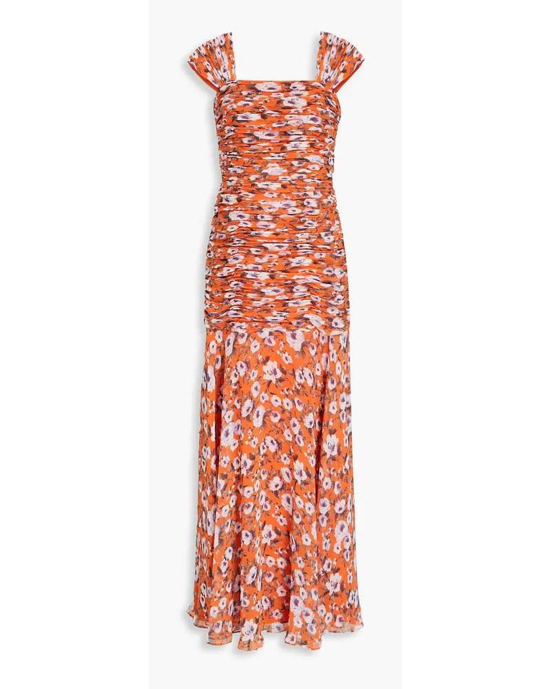 Mikael Aghal Gerafftes Maxikleid aus Chiffon mit floralem Print Orange