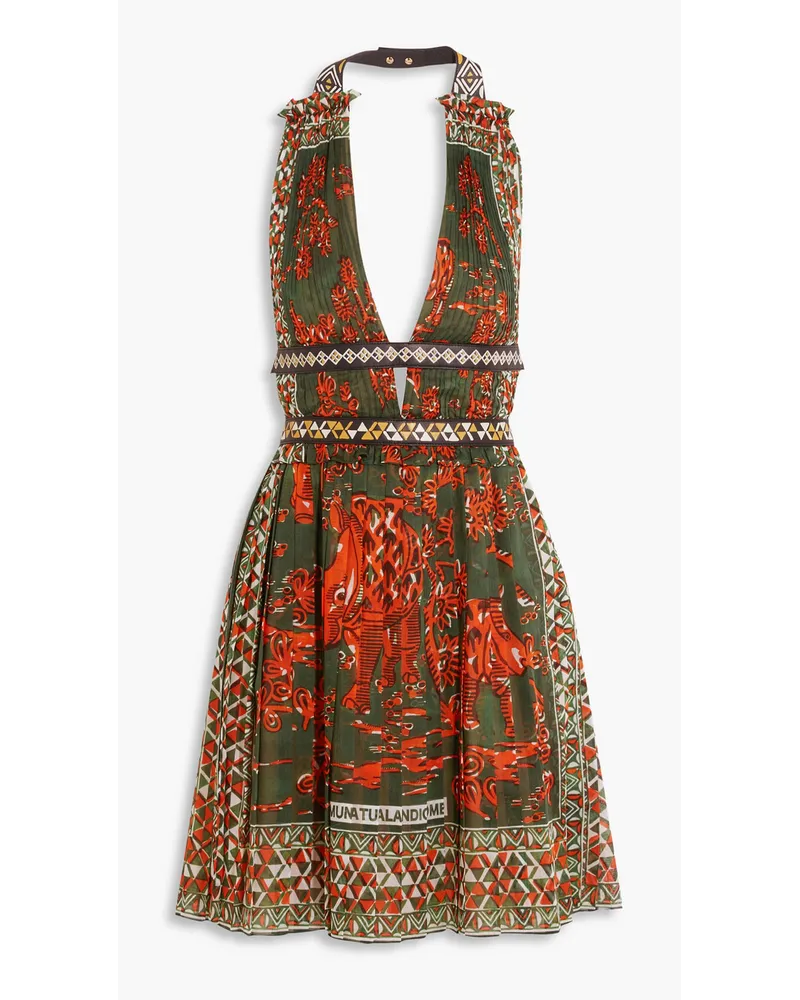 Valentino Garavani Neckholder-Minikleid aus Baumwolle mit Print und Lederbesatz Rot