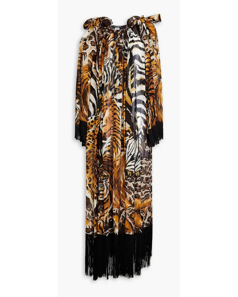 Dolce & Gabbana Bedruckter Kaftan aus Georgette aus einer Seidenmischung mit Fransen Animal-print