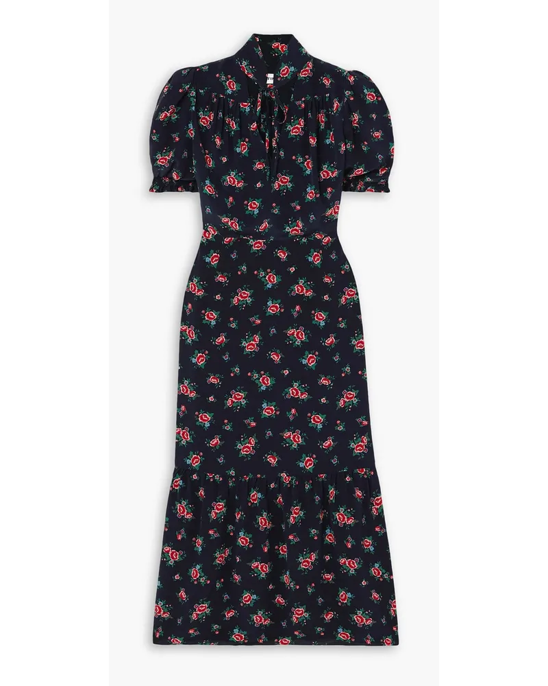 Cefinn Rebecca Midikleid aus Crêpe de Chine aus Seide mit Blumenprint Blau