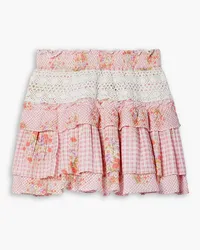 LoveShackFancy Corbett Minirock aus Baumwoll-Seersucker mit Blumenprint, Gingham-Karo und Häkelbesatz Pink