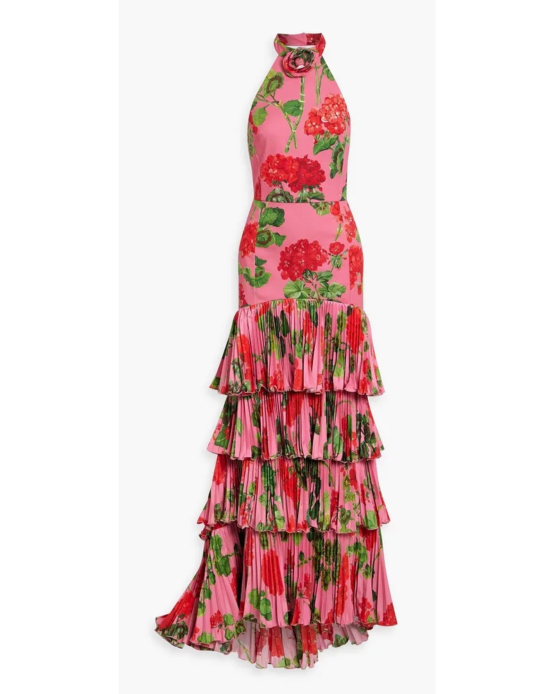 Oscar de la Renta Gestufte Neckholder-Robe aus Satin aus einer Baumwollmischung mit floralem Print Pink