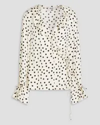 Claudie Pierlot Wickelbluse aus glänzendem Twill mit Polka-Dots und Rüschen Weiß