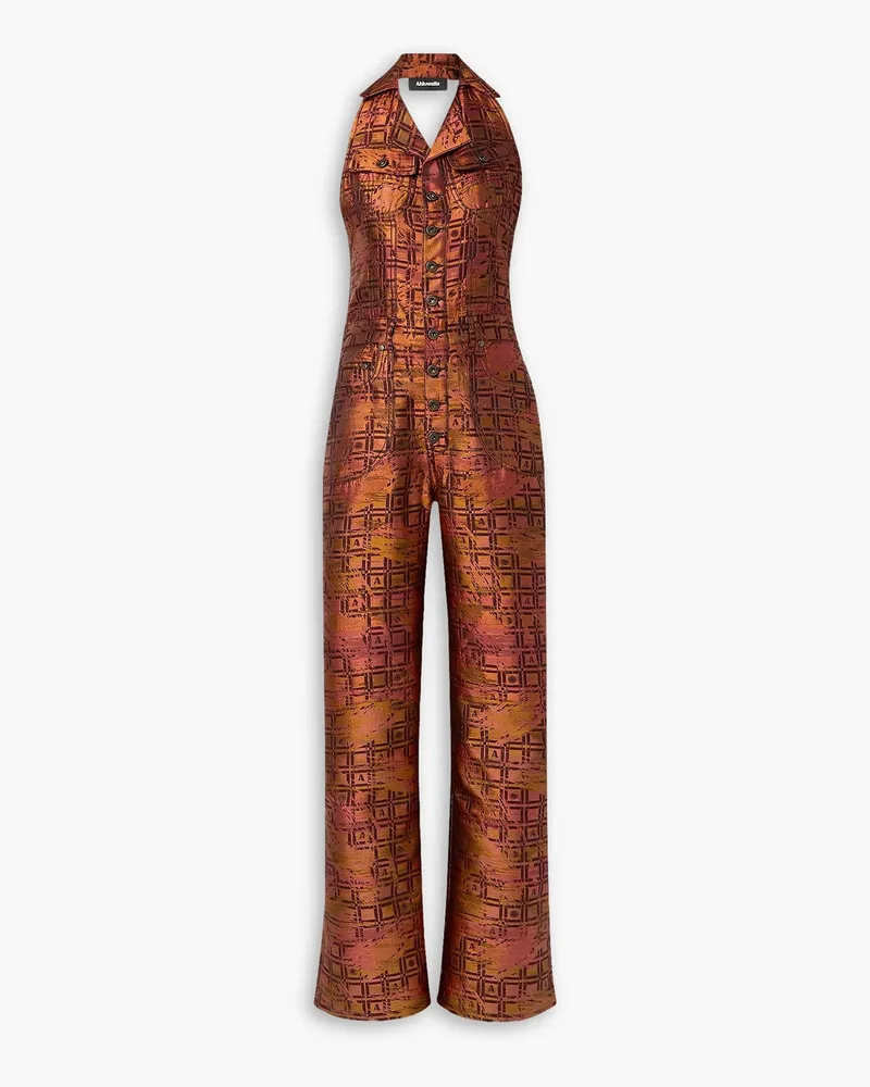 AHLUWALIA Neckholder-Jumpsuit aus Jacquard aus einer Seiden-Wollmischung Braun