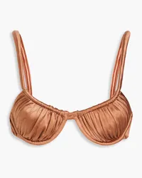 Isa Boulder Twist gerafftes Bügel-Bikini-Oberteil aus Stretch-Satin inMetallic-Optik Braun