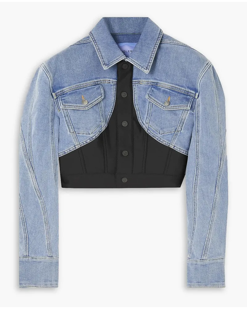 Thierry Mugler Verkürzte Jeansjacke mit Stretch-Jersey-Einsatz Blau