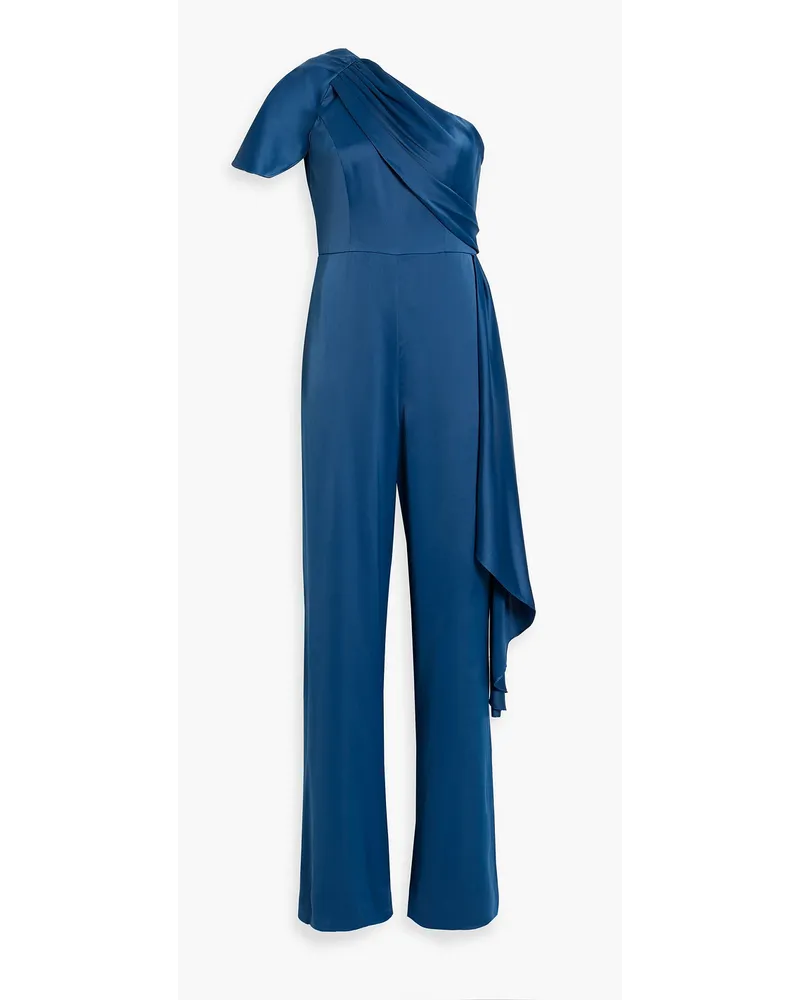 THEIA Portia drapierter Jumpsuit aus glänzendem Crêpe mit asymmetrischer Schulterpartie Blau