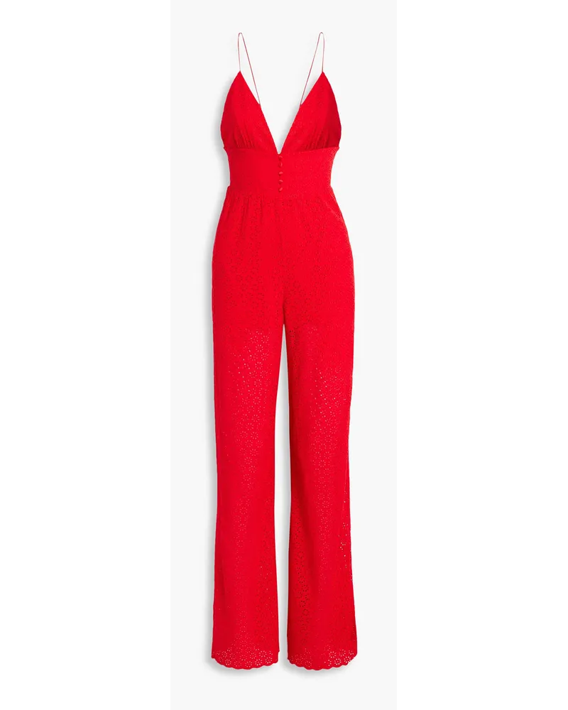 Alice + Olivia Alice OliviaTilly geraffter Jumpsuit mit weitem Bein und Lochstickerei Rot