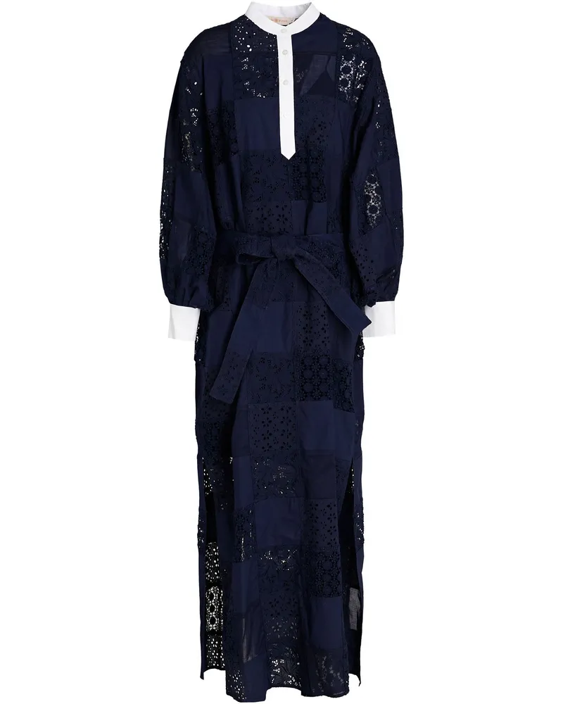 Tory Burch Oversized-Maxikleid aus Baumwollpopeline und Spitze mit Lochstickerei Blau