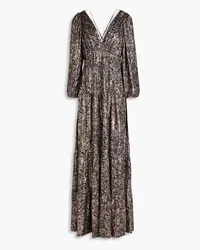 ba&sh Glady gestuftes Maxikleid aus Jersey mit Paisley-Print und Metallic-Effekt Grau