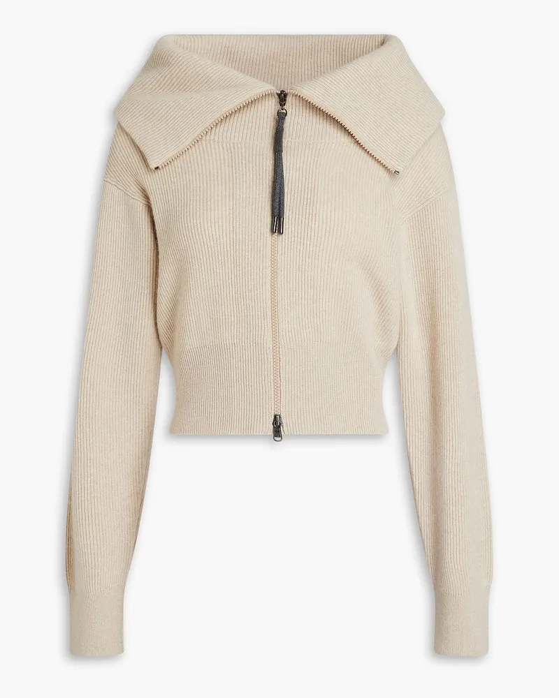 Brunello Cucinelli Gerippter Cropped Pullover mit Zierperlen und Reißverschluss Neutral