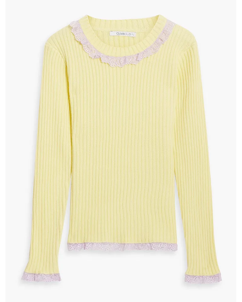 Olivia Rubin Zweifarbiger Pullover aus Rippstrick mit Spitzenbesatz Gelb