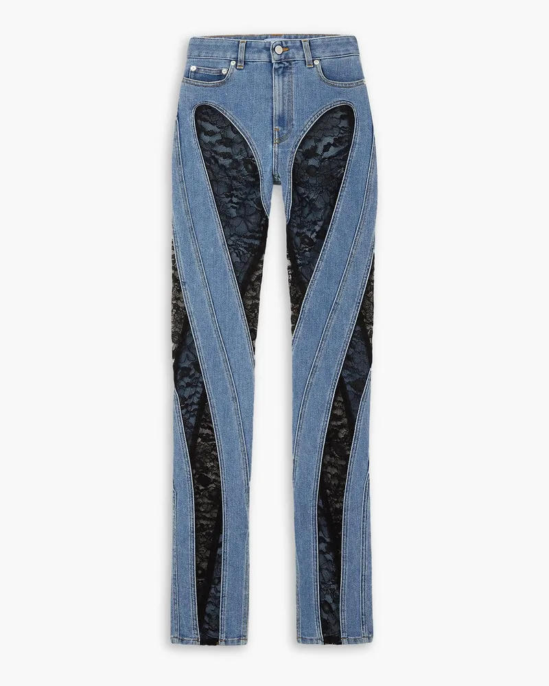 Thierry Mugler Hoch sitzende Skinny Jeans mit Spitzeneinsätzen Blau