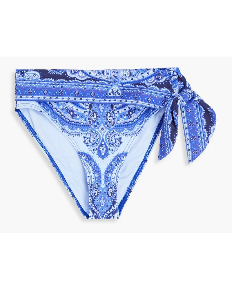 Zimmermann Separates Sculpt hoch sitzendes Bikini-Höschen mit Paisley-Print und Knotendetail Blau