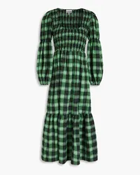 Ganni Checked cotton-blend seersucker midi dress Grün