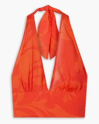 Etro Verkürztes Neckholder-Oberteil aus bedrucktem Crêpe Orange