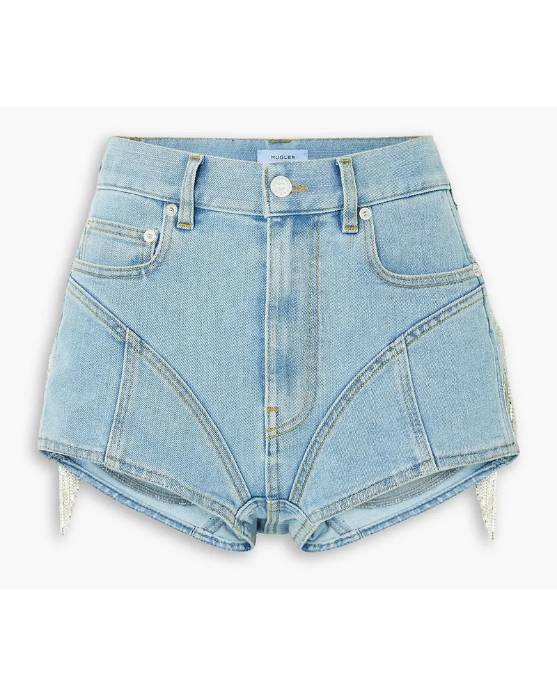 Thierry Mugler Jeansshorts mit kristallbesetzten Fransen Blau