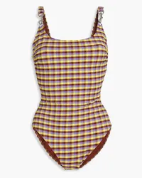 Tory Burch Veronica Badeanzug aus Stretch-Seersucker mit Gingham-Karo Gelb