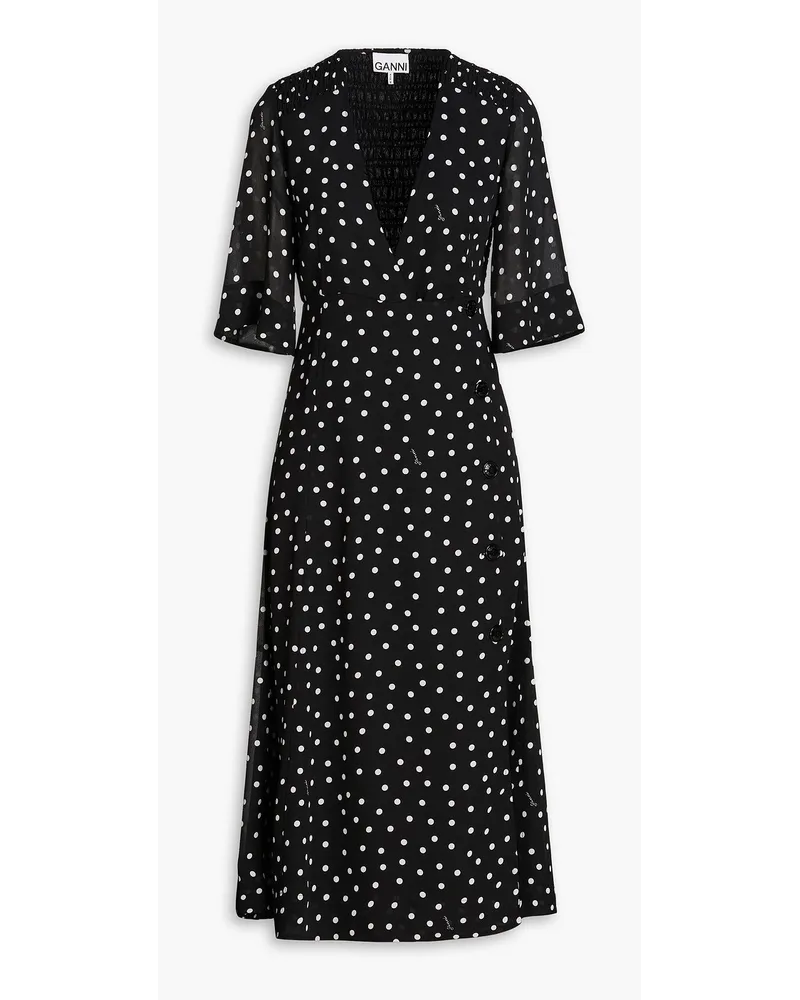 Ganni Midi-Wickelkleid aus Crêpe mit Polka-Dots Schwarz