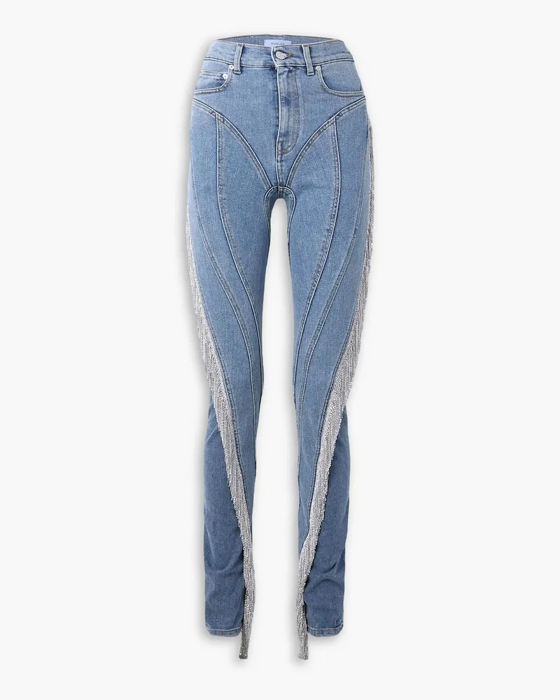 Thierry Mugler Hoch sitzende Skinny Jeans mit Kristallverzierung und Einsätzen Blau