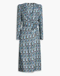 Sandro Midikleid aus Seiden-Twill mit floralem Print und Wickeleffekt Blau