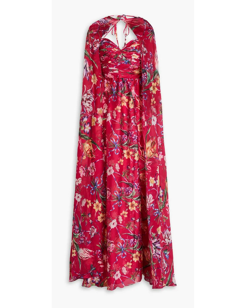 Marchesa Robe aus Charmeuse mit floralem Print und Cape-Effekt Rot