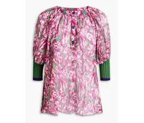 Geraffte Bluse aus Seide mit floralem Print und Strickeinsatz