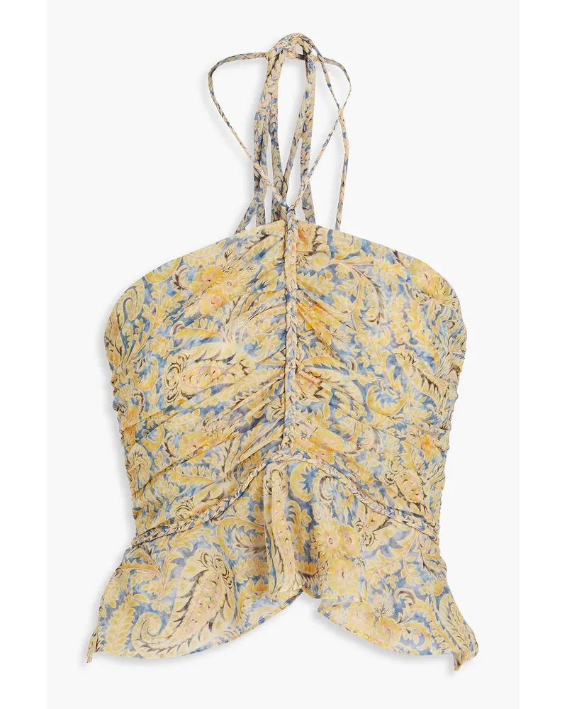 Veronica Beard Arienne gerafftes Neckholder-Oberteil aus Seidenchiffon mit Paisley-Print Gelb