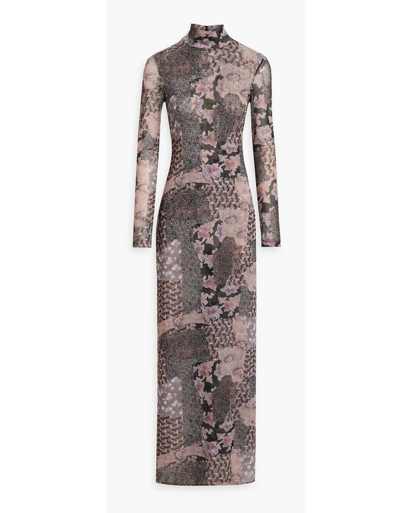 Rosetta Getty Maxikleid aus Stretch-Mesh mit floralem Print und Rollkragen Pink