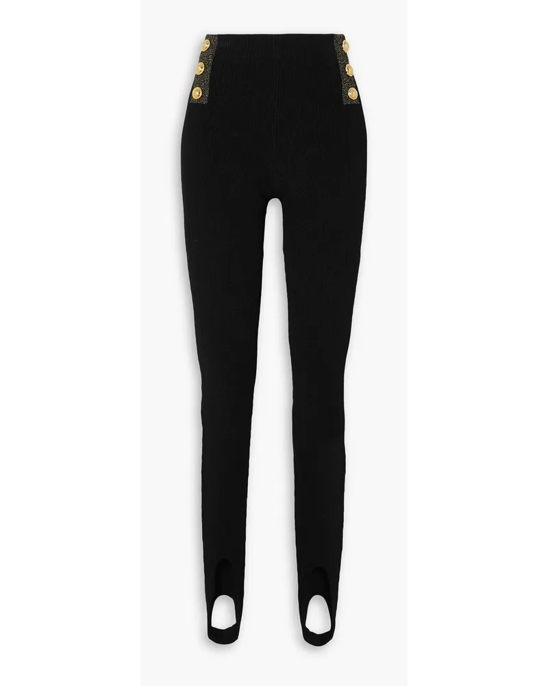 Balmain Leggings aus Metallic-Rippstrick mit Steg und Zierknöpfen Schwarz