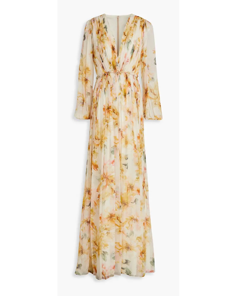 COSTARELLOS Plissierte Robe aus Krepon mit floralem Print Neutral