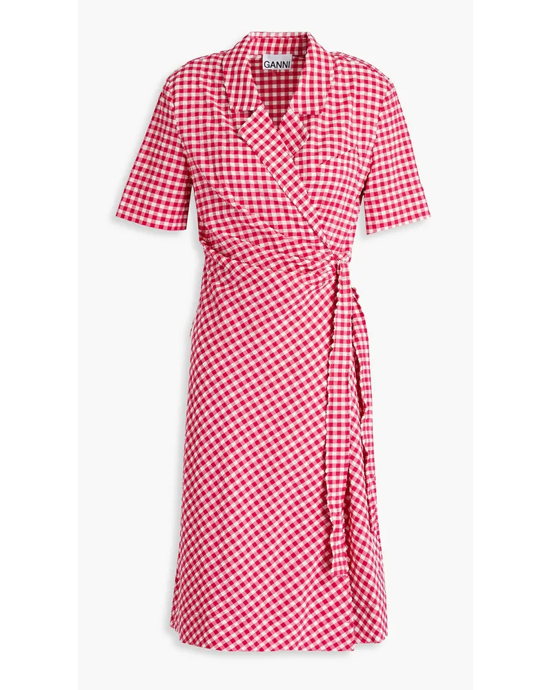 Ganni Wickelkleid aus Seersucker mit Gingham-Karo Pink