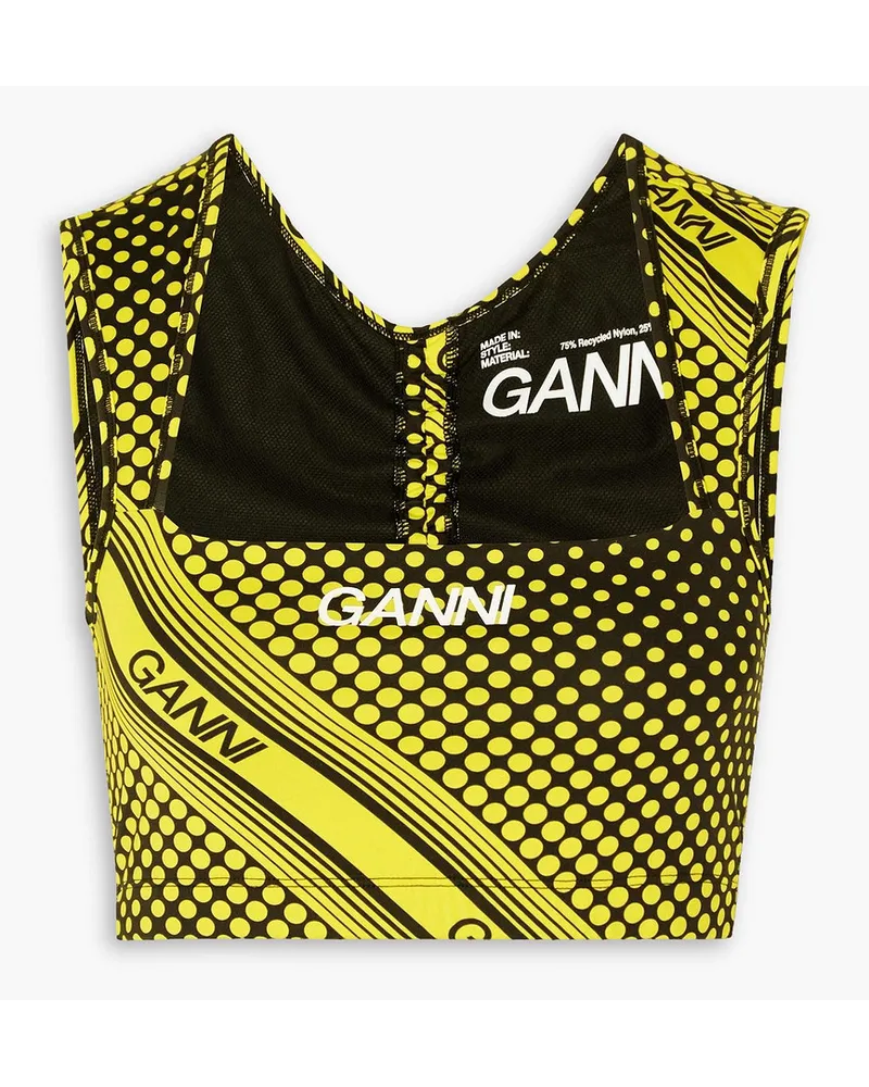 Ganni Bedruckter Sport-BH aus recyceltem Stretch-Material mit Raffungen Gelb