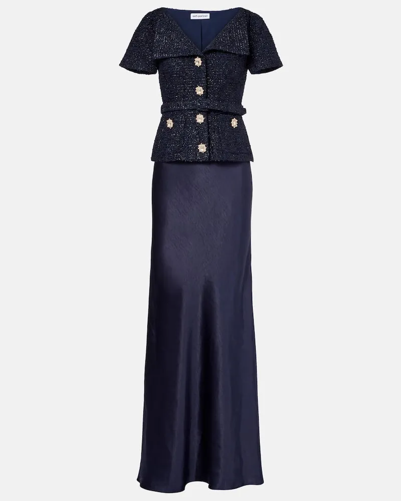 Self-Portrait Verziertes Maxikleid aus Bouclé und Satin Blau