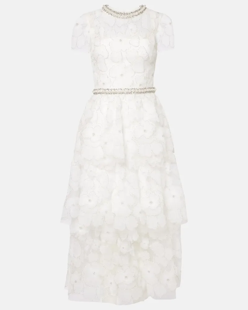 Self-Portrait Bridal Verziertes Midikleid aus Tüll Weiß