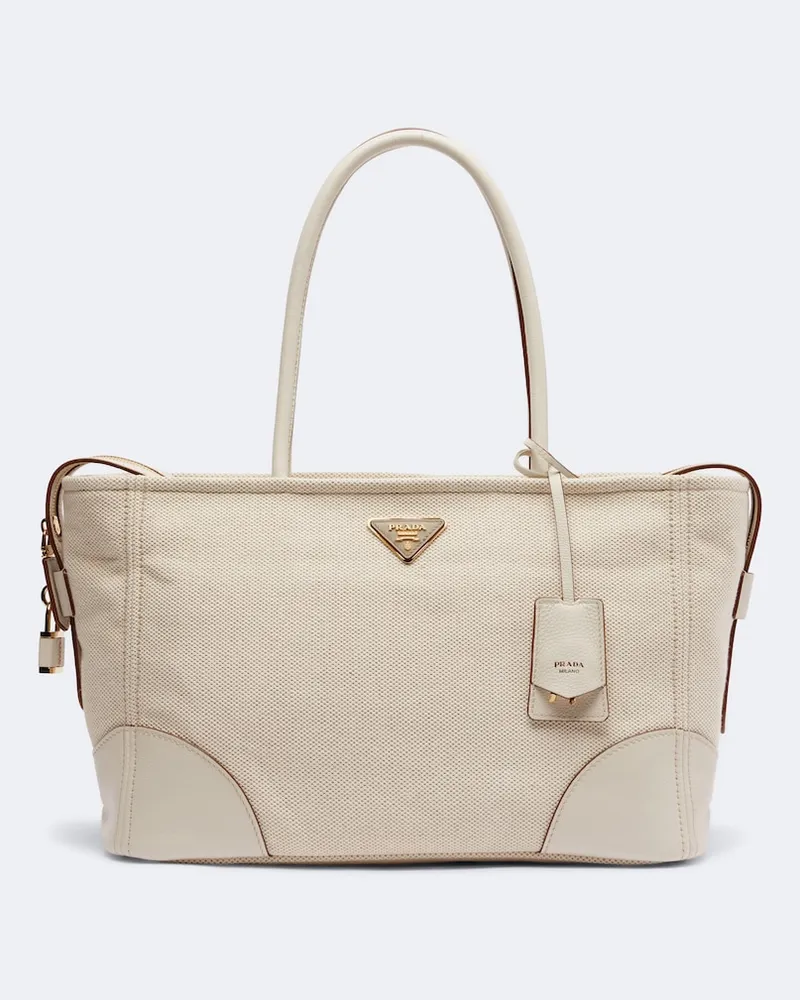Prada Tote Bag Large aus Canvas mit Leder Beige