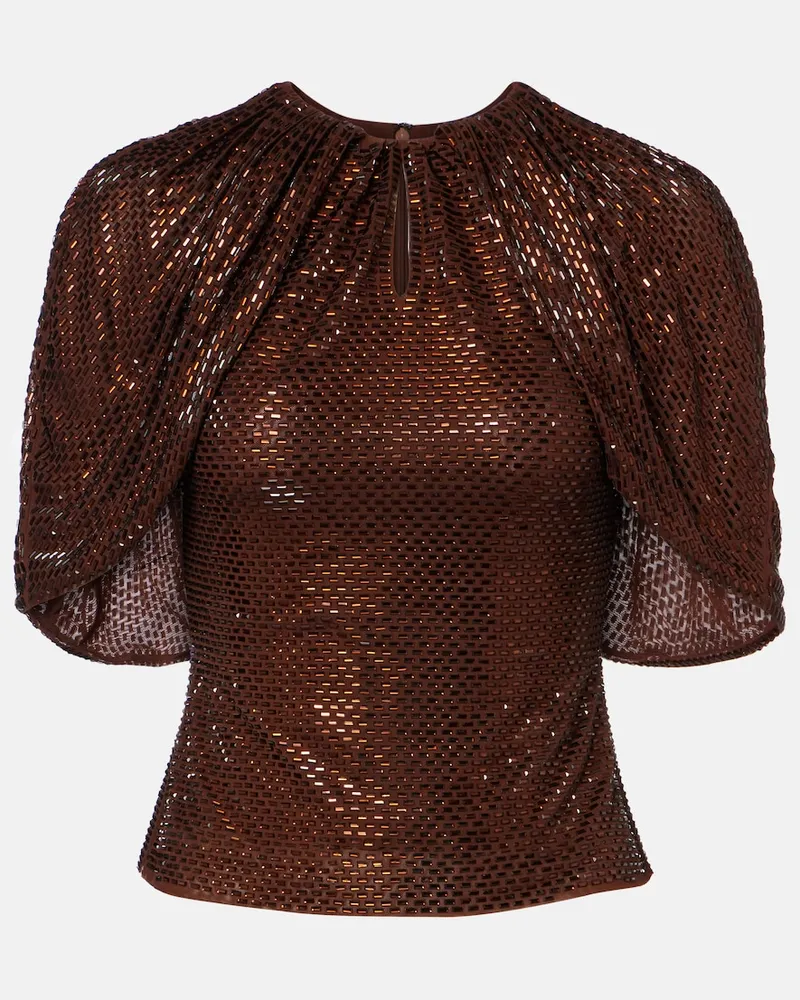Self-Portrait Verziertes Top aus Mesh Braun