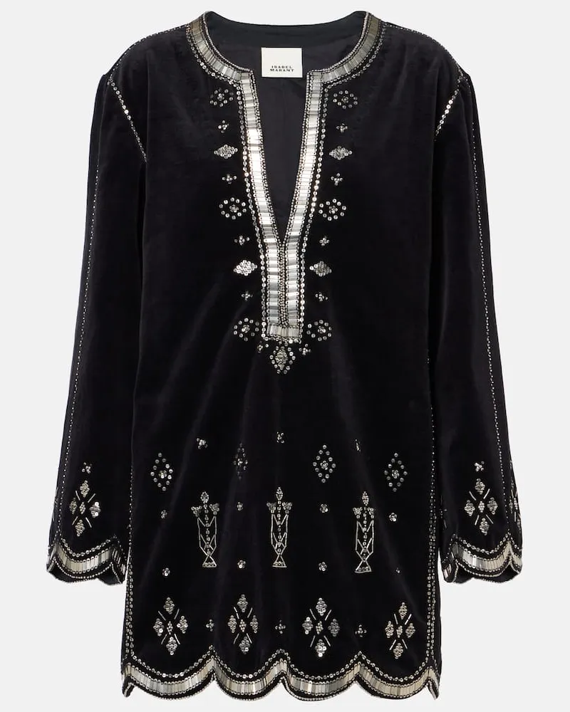 Isabel Marant Verziertes Minikleid Helene aus Baumwollsamt Schwarz