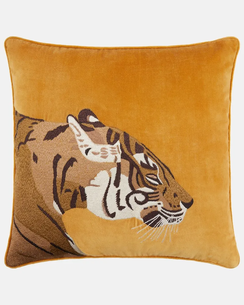 Les-Ottomans Besticktes Kissen aus Baumwollsamt Braun