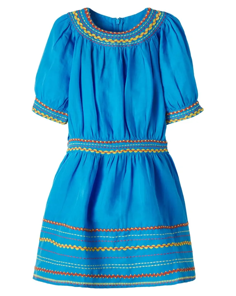 Stella McCartney Kids Besticktes Kleid aus Leinen und Baumwolle Blau