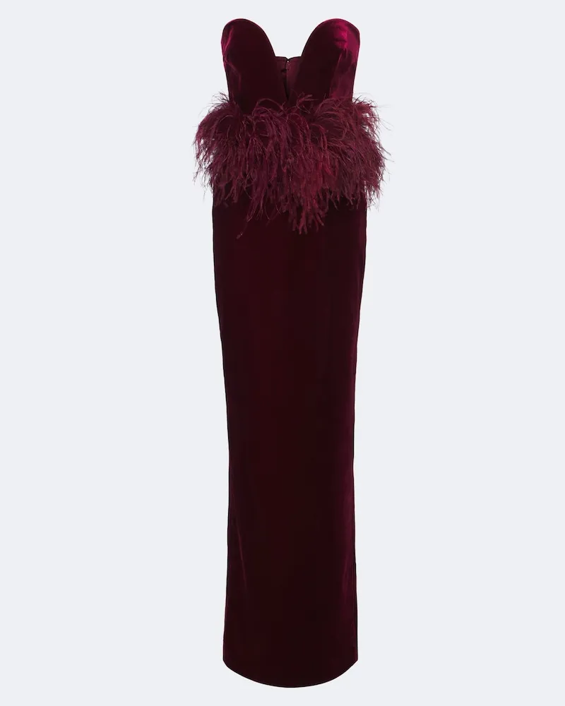 The New Arrivals Ilkyaz Ozel Robe Sienna aus Samt mit Federn Burgunderrot