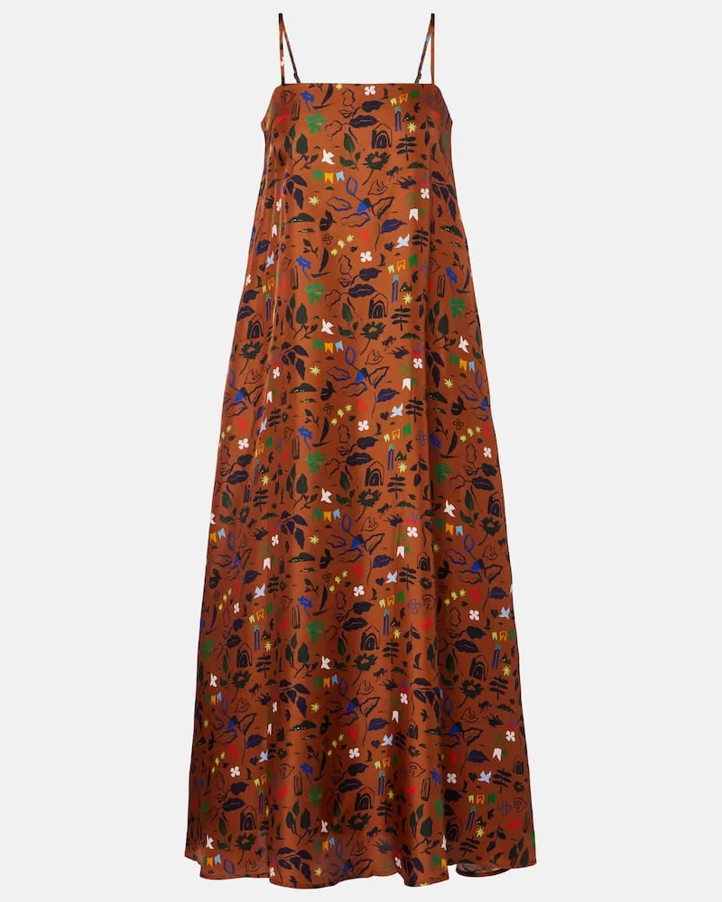 ASCENO Bedrucktes Midikleid Melfi aus Seiden-Twill Braun