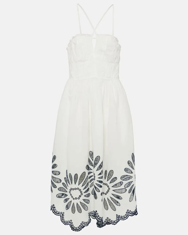 Ulla Johnson Midikleid Beatrice aus Leinen und Baumwolle Weiß